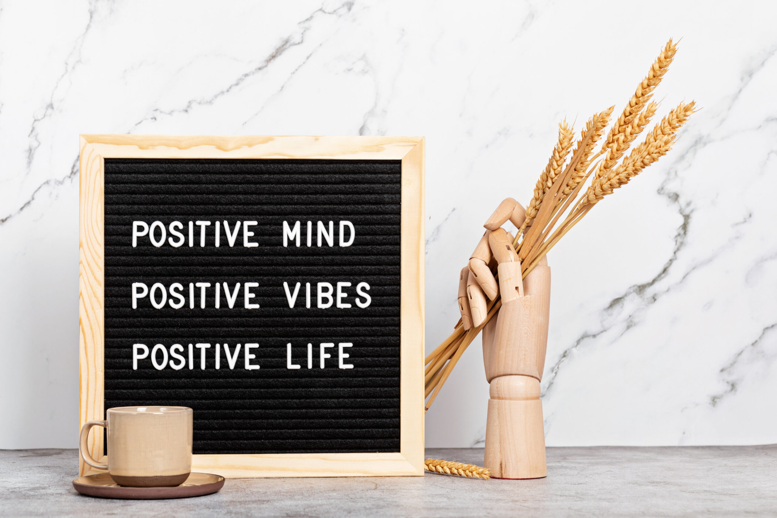 Positive mind, vibes, life motivational quote on the letter board. Inspiration text in the interior